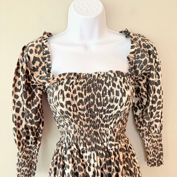 GANNI Leopard Print Maxi Dress Smocked Silk Blend EU 32 US 0 Mob Wife Luxury - Picture 5 of 16